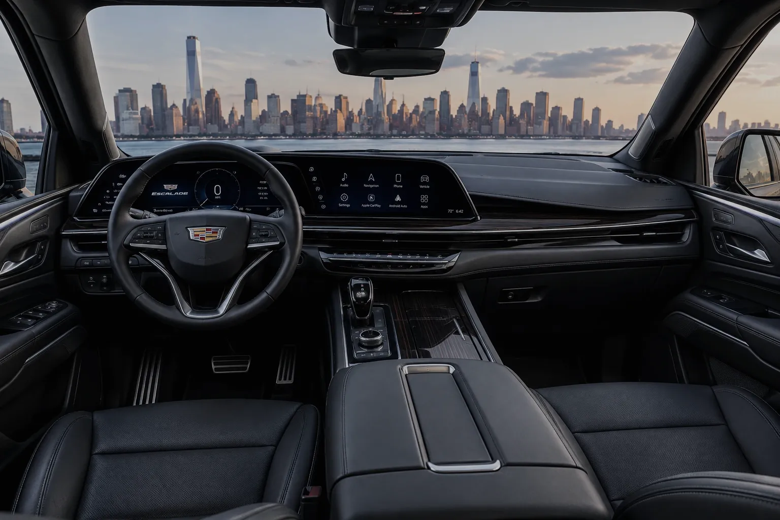 The driver's seat of a luxury SUV looking out at the Manhattan skyline